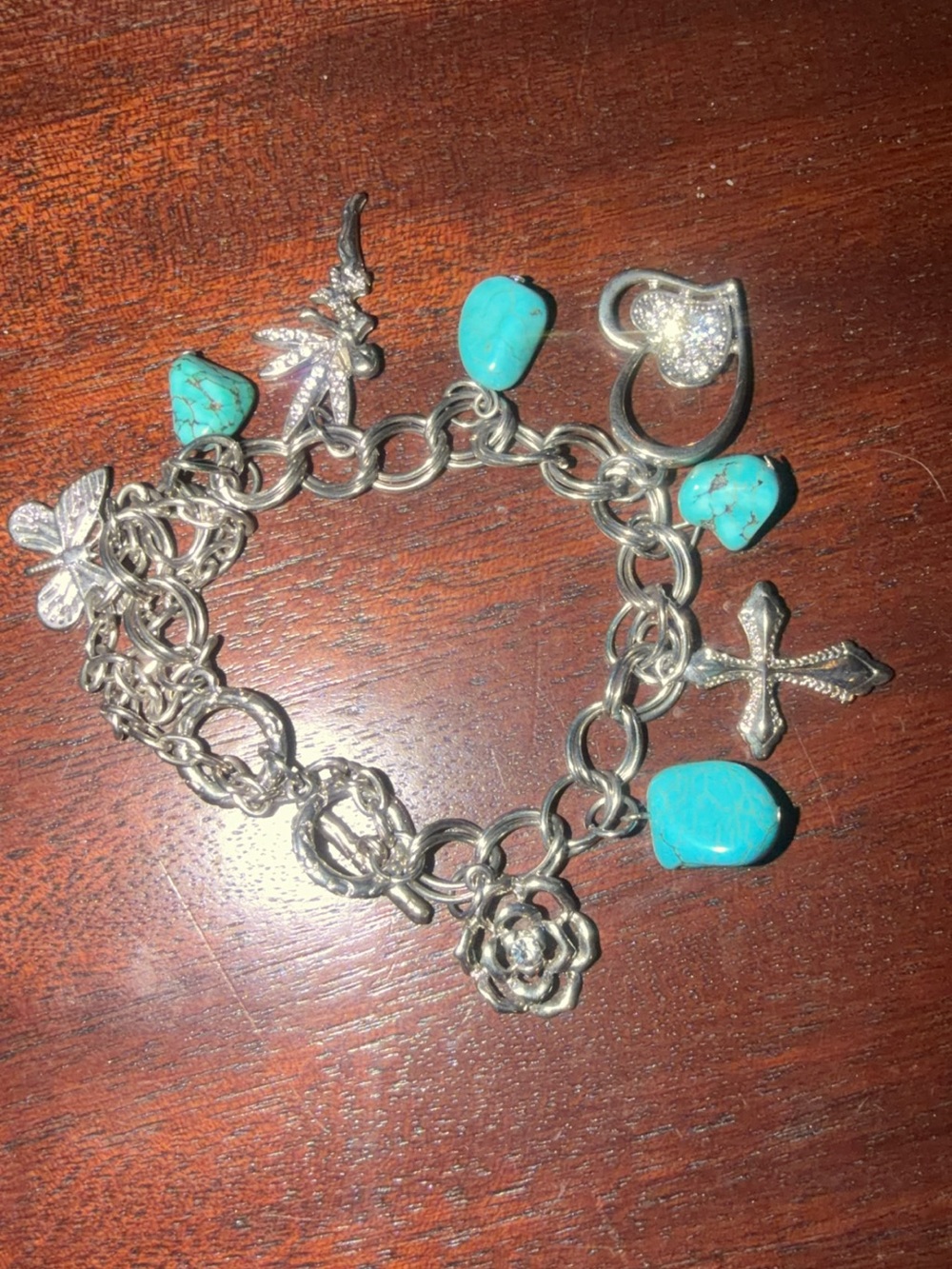 Silver Tone Charm Bracelet with Turquoise Beads - Women Jewelry
